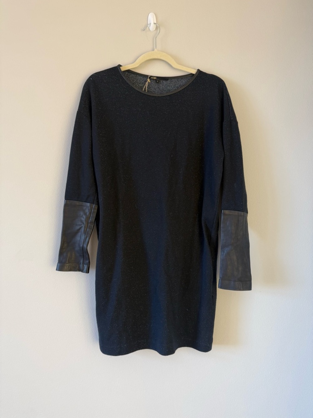 Maje Black Sparkly Tunic Dress with Leather Sleeves Sz 3 / Large